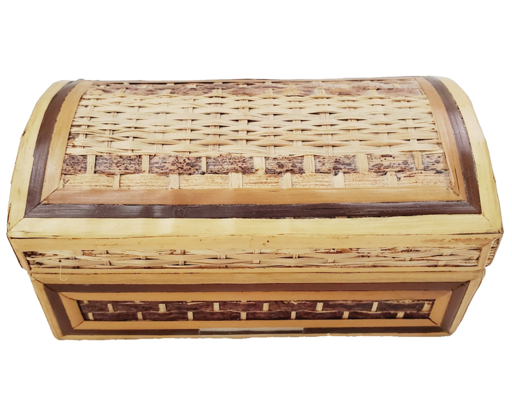 Classic Vintage Asian Boho Chic Bamboo Wicker Rattan Chest Trunk Trinket Box
